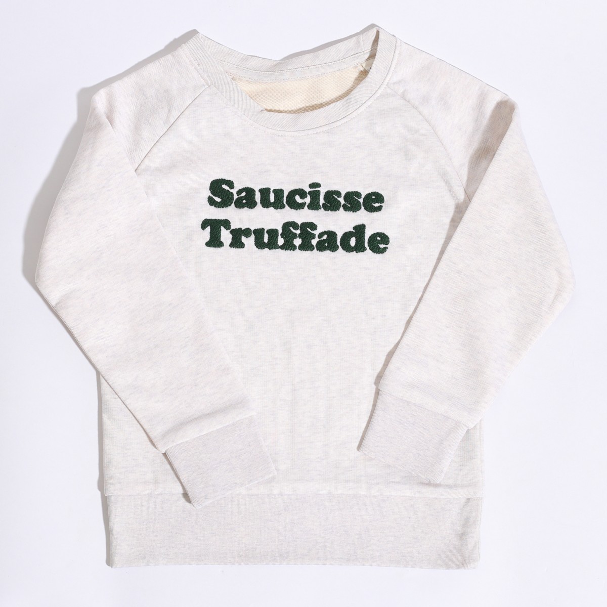Saucisse Truffade - Sweat enfant blanc chiné avec broderie verte