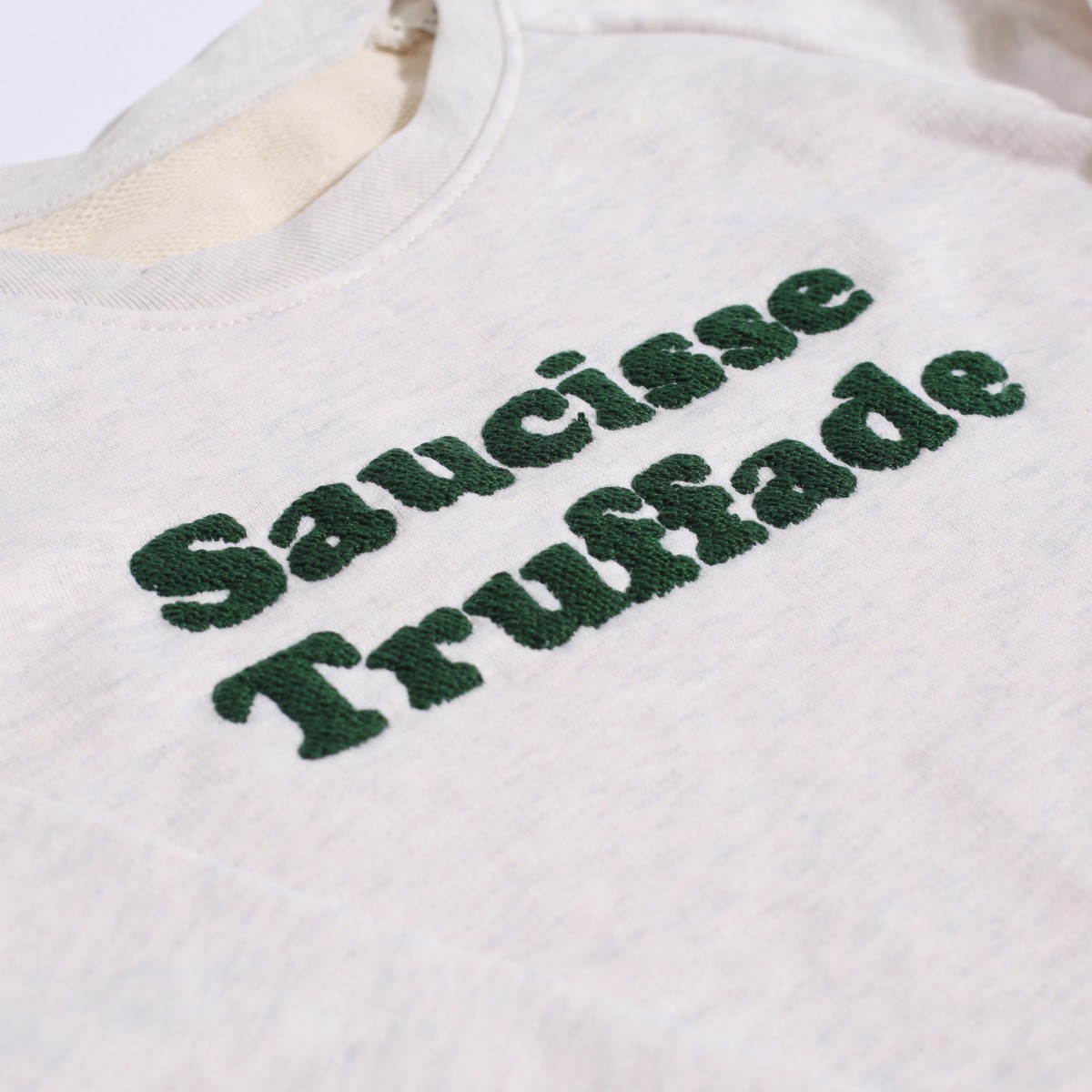 Saucisse Truffade - Sweat enfant blanc chiné avec broderie verte
