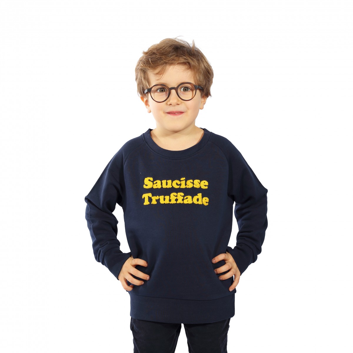 Saucisse Truffade - Sweat enfant marine avec broderie jaune