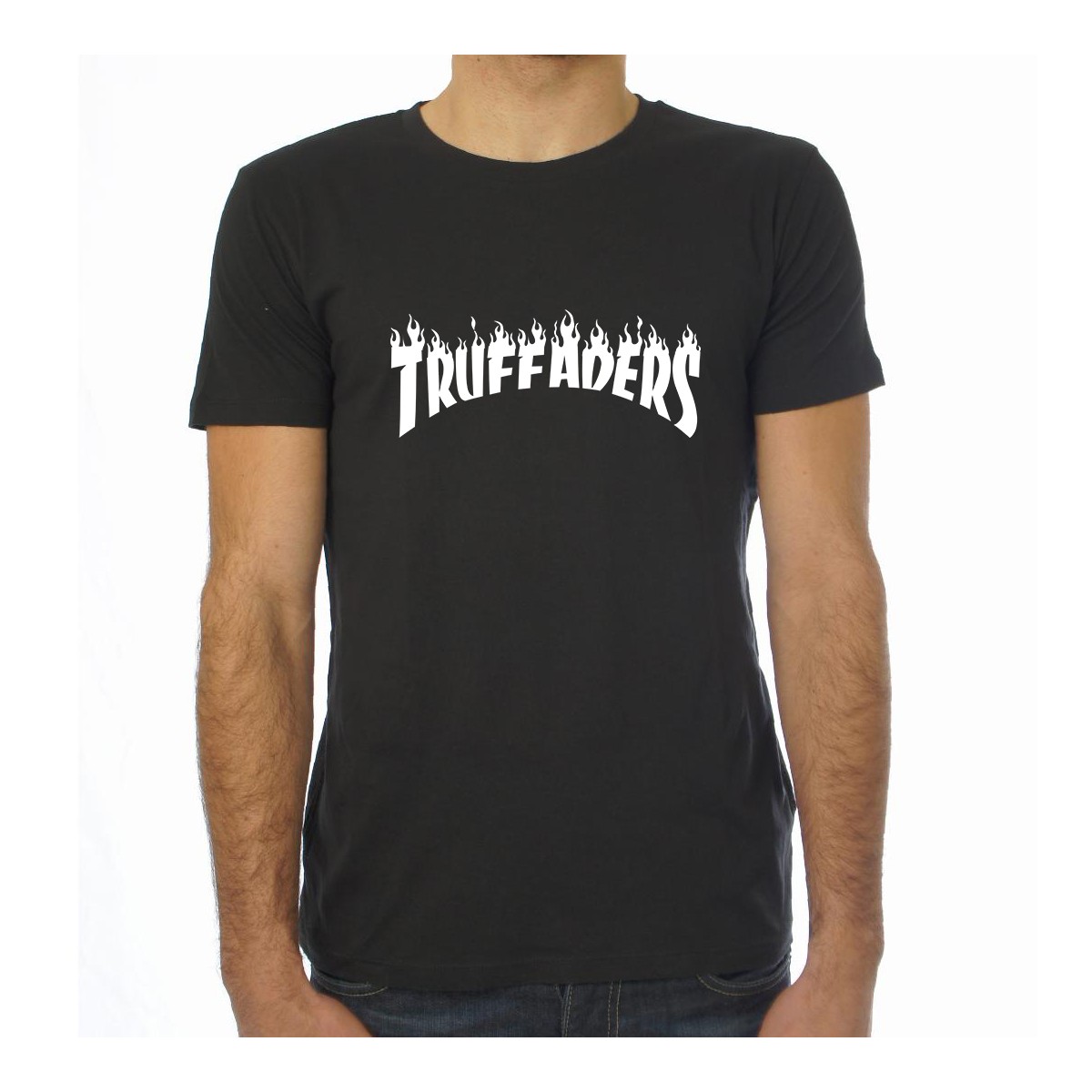 Saucisse Truffade - T-shirt homme noir Truffaders flammes blanches