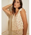 Grace et Mila - Top beige imprimé fleurs rouges