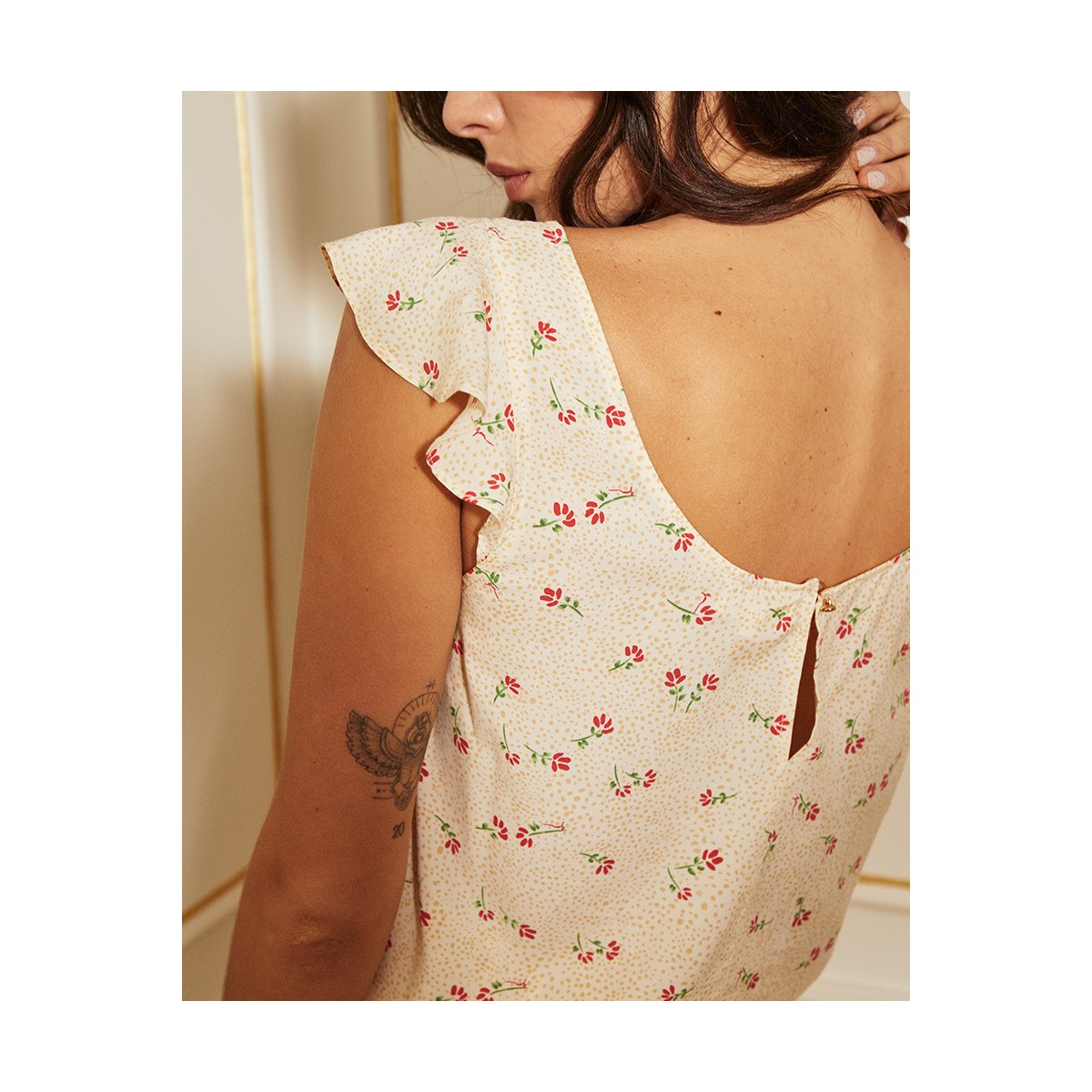 Grace et Mila - Top beige imprimé fleurs rouges