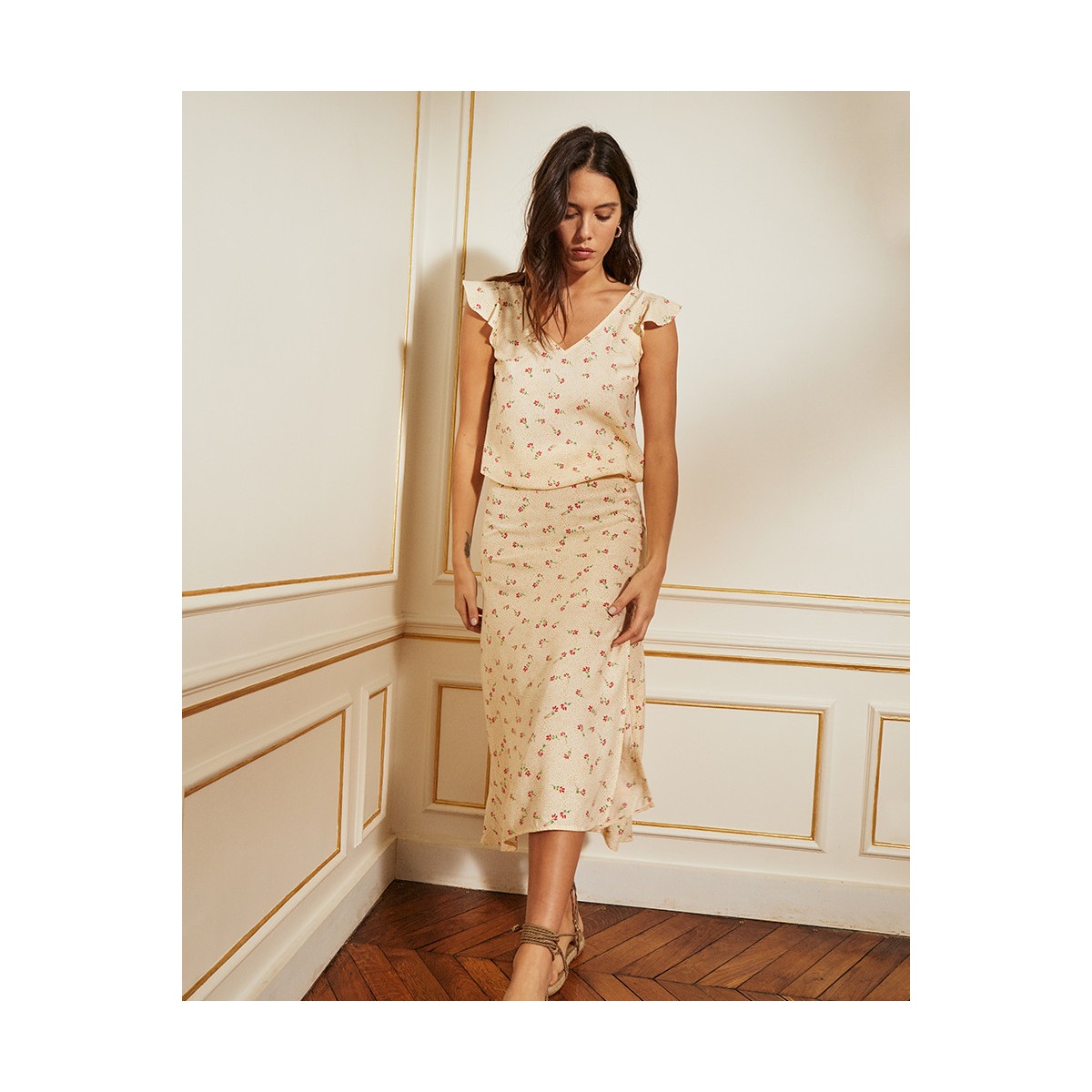 Grace et Mila - Top beige imprimé fleurs rouges