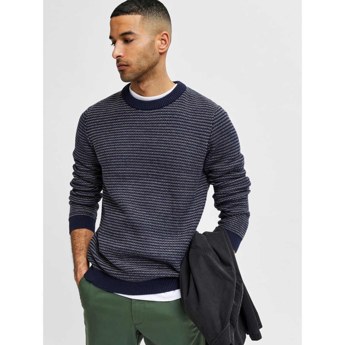 Selected homme - Pull marine et blanc pour homme