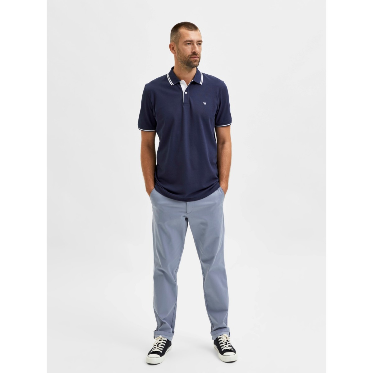 Selected - Polo marine avec broderie bleu ciel