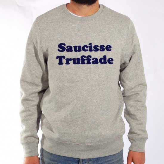 Saucisse Truffade - Sweat gris chiné avec broderie bleu marine