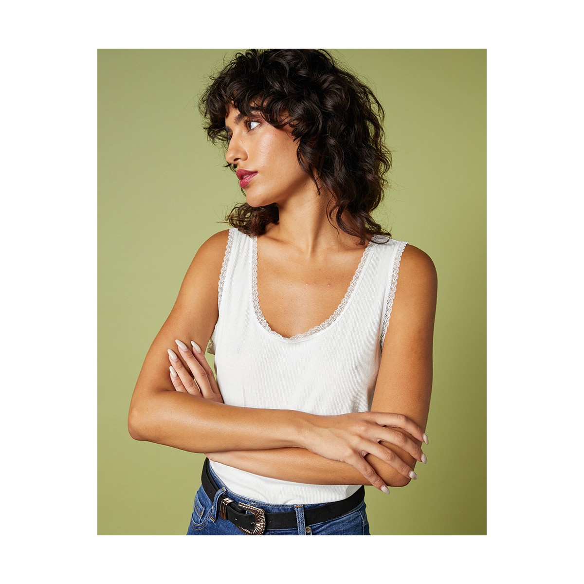 Grace et Mila - Débardeur femme vert amande côtelé