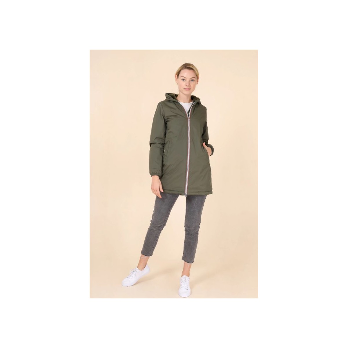 Laura Jo | Manteau imperméable long fourré vert kaki pour femmes