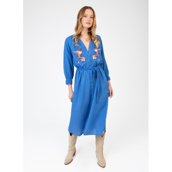 Robe longue brodée bleue