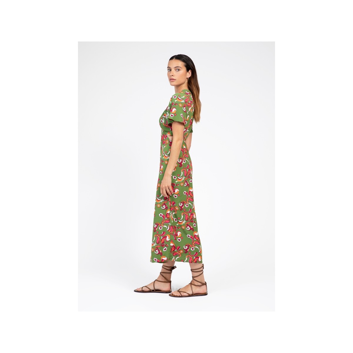 Robe longue kaki à motif