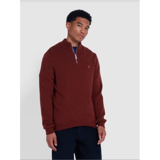 FARAH - Pull en laine col zippé rouge brique