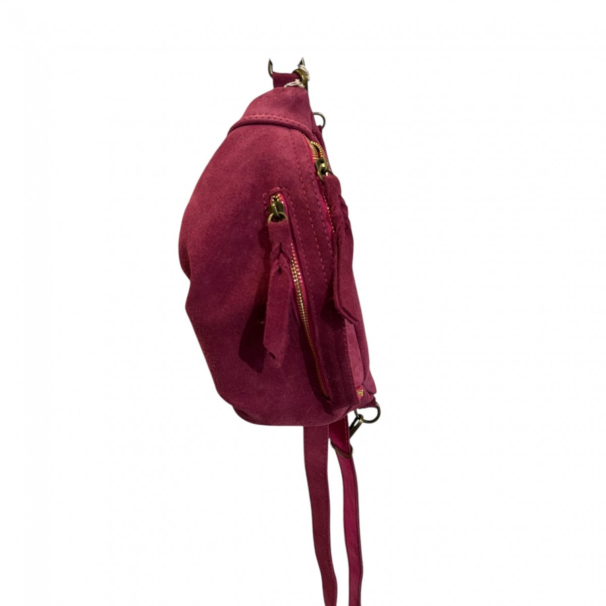 Sac banane en daim rose fucshia double zip