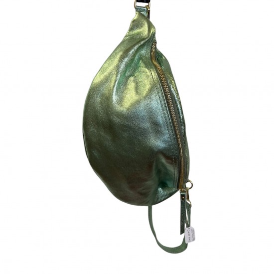 Sac banane XL en cuir métallisé vert eau