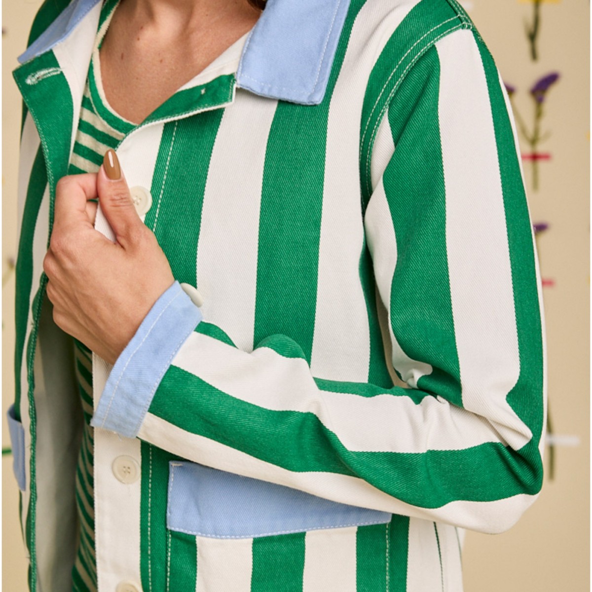 Graine Clothing - Veste en jean blanc rayures vertes