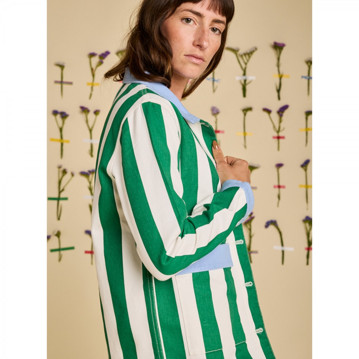 Graine Clothing - Veste en jean blanc rayures vertes