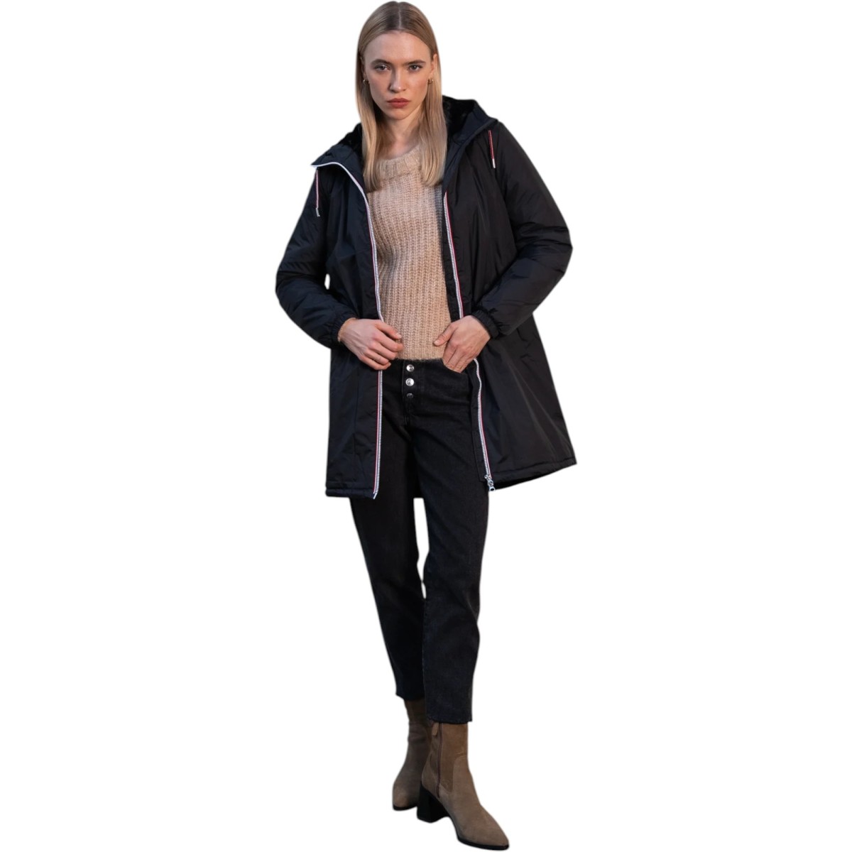 Laura Jo | Manteau imperméable long fourré noir pour femmes